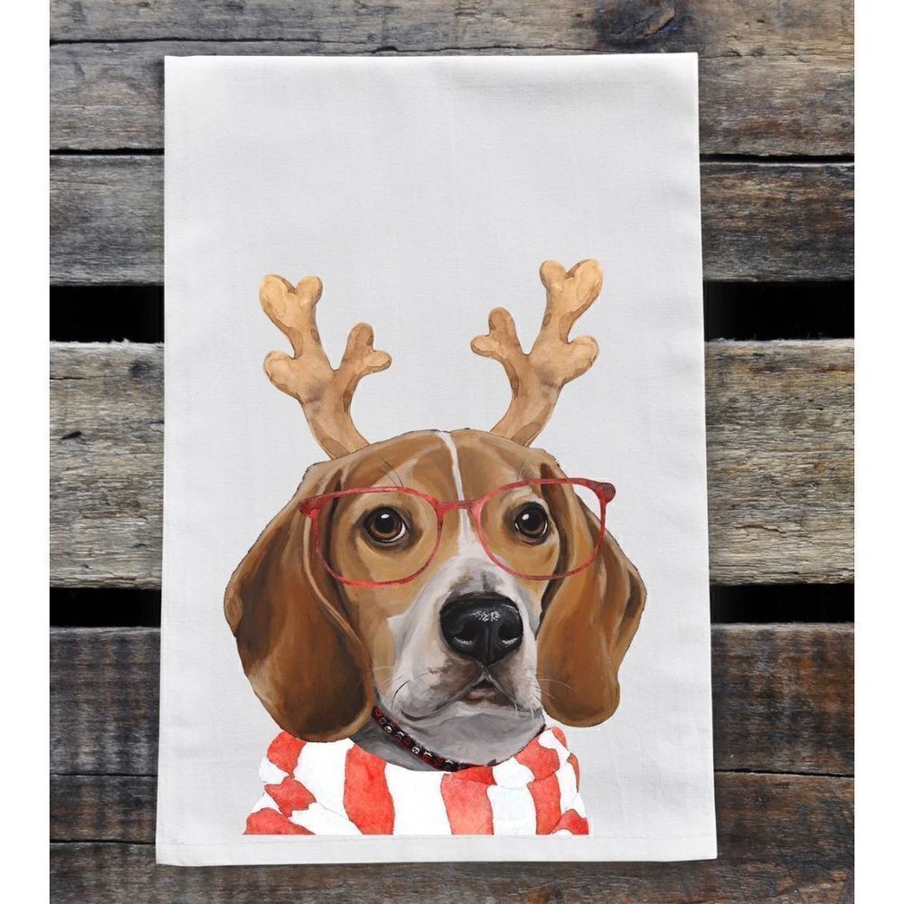 Hippie Hound Studios Christmas Dog Towel “Beagle ” Holiday Towel Set 2 NWT